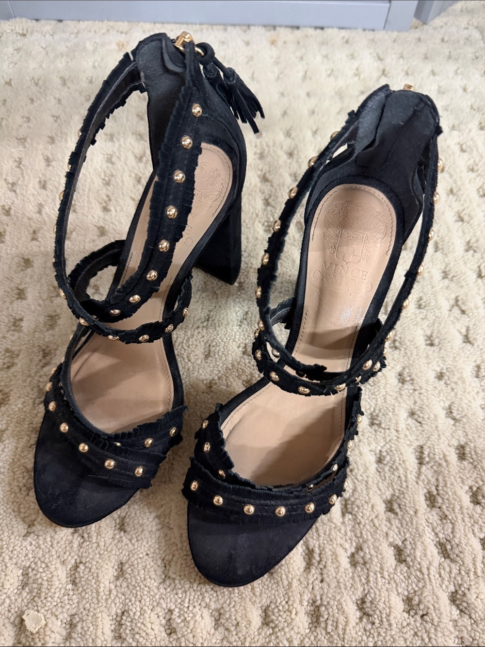 Vince Camuto Black Studded Strappy High Heel Sandals, Size 6.5